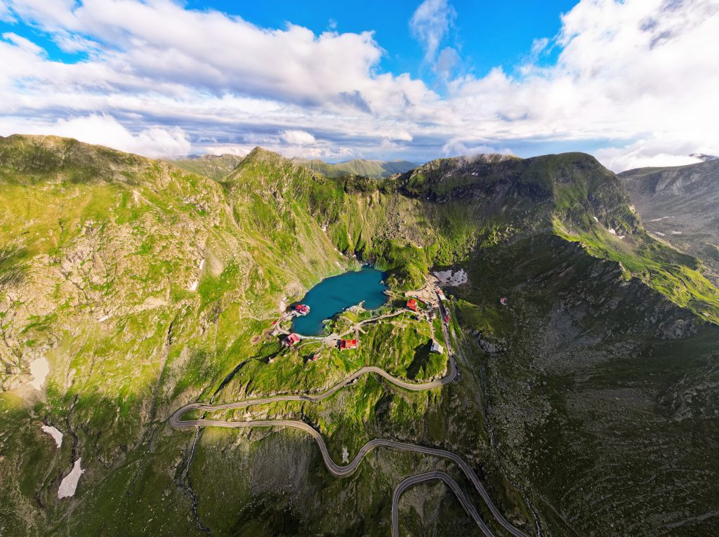 aerial drone wide view of transfagarasan route, nature in romania